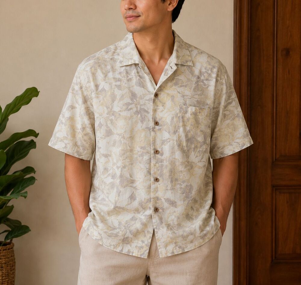 Tommy Bahama Men's 100% Linen Tropical Leaf Camp Beige Hawaiian Resort Shirt XXL